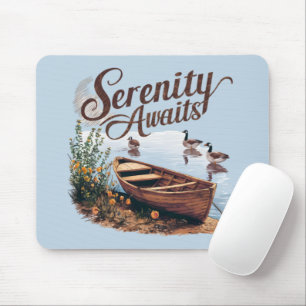 Mousepad Serene Lake Boat com gansos e flores selvagens