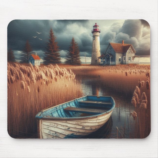 Mousepad Serenidade Costeira: Farol e Rowboat (Frente)