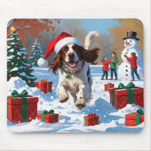 Mousepad Setter Inglês Correndo na Neve com Chapéu de Natal
