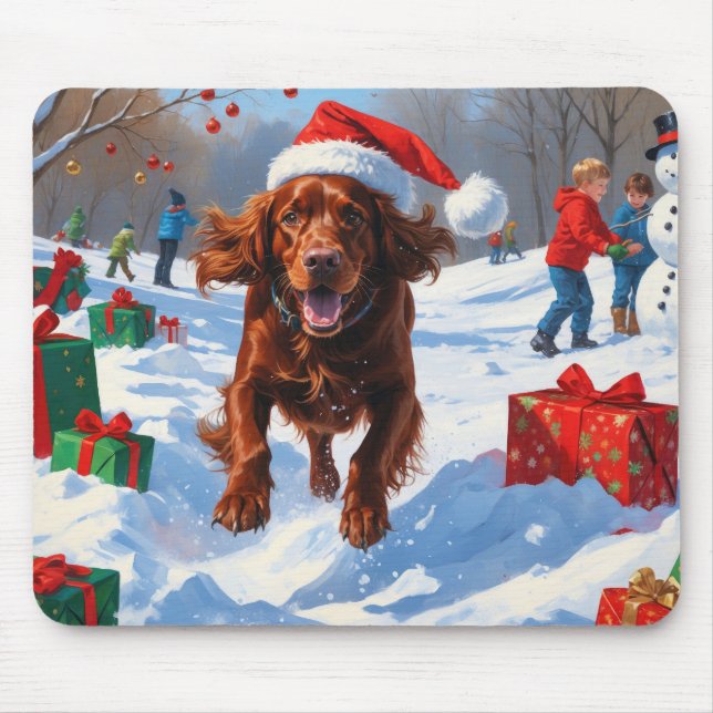 Mousepad Setter Vermelho Irlandês Correndo na Neve com Chap (Frente)