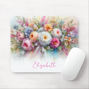 Mousepad Seu Nome de Texto Personalizado Elegante Flores de