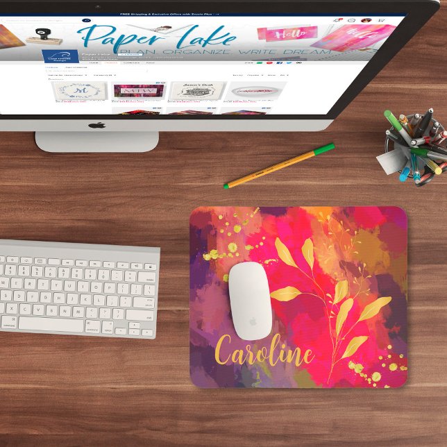Mousepad Seu nome é Dourado Splash Bright Scarlet Abstrato (Criador carregado)