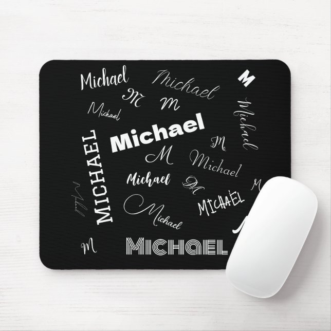 Mousepad Seu nome e padrão personalizado de monograma preto (Com mouse)