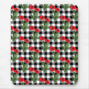 Mousepad Shabby Chic Vermelho, Preto & Branco Papoulas Flor