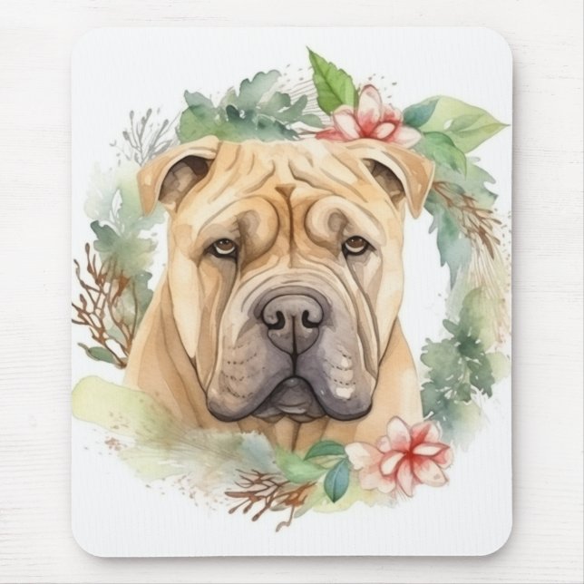 Mousepad Shar Pei Wreath Christmas Festivo Pup (Frente)