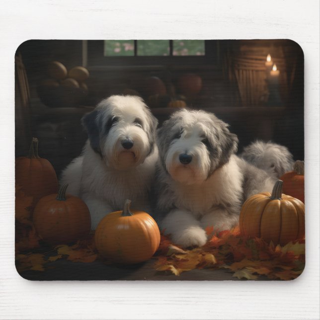 Mousepad Sheepdog Inglês Puppy Autumn Delight Pumpkin (Frente)