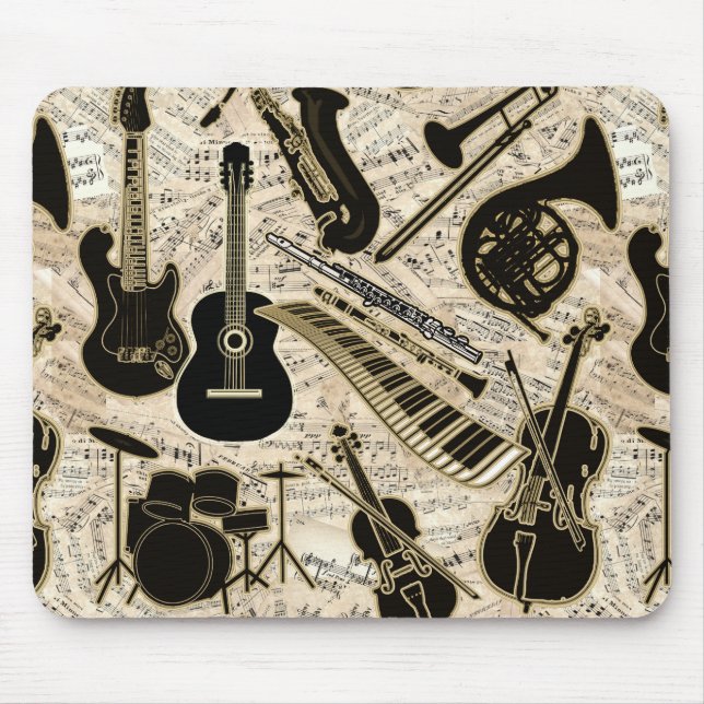 Mousepad Sheet Music and Instruments Black/Dourado ID481 (Frente)