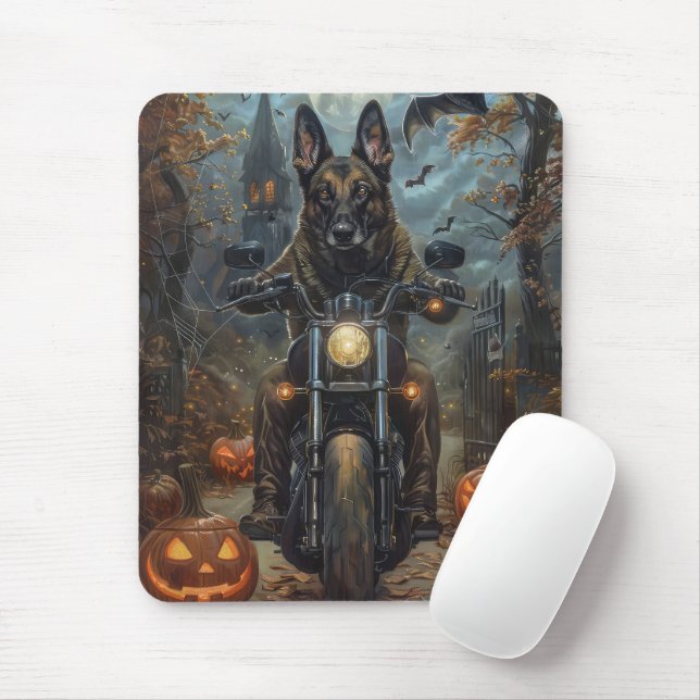 Mousepad Shepherd Belga Dirigindo Motocicleta Halloween Asc (Com mouse)