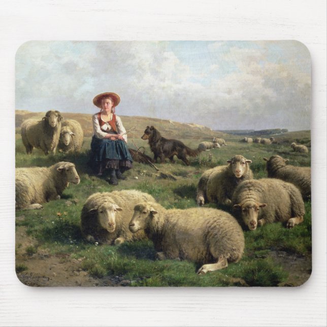 Mousepad Shepherdess com carneiros em uma paisagem (Frente)