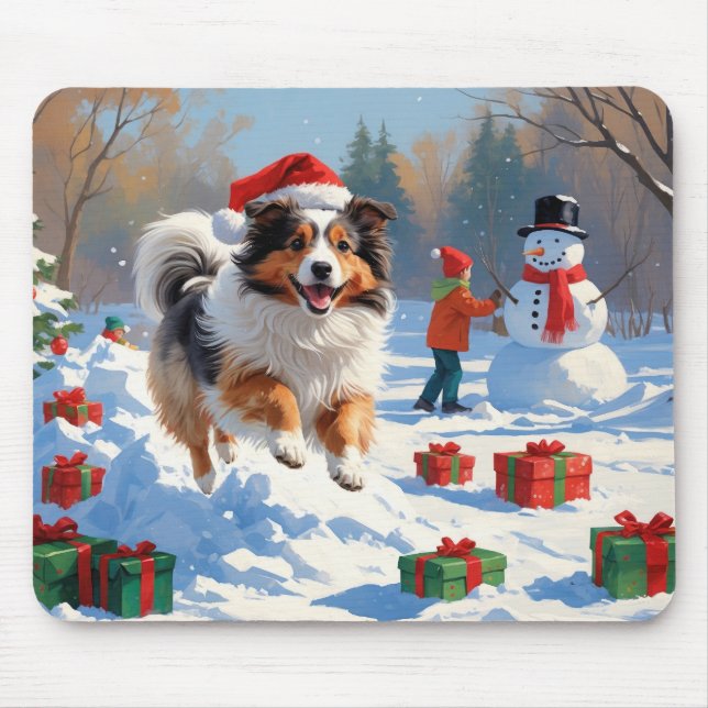Mousepad Shetland Sheepdog Correndo Neve Com Chapéu De Nata (Frente)