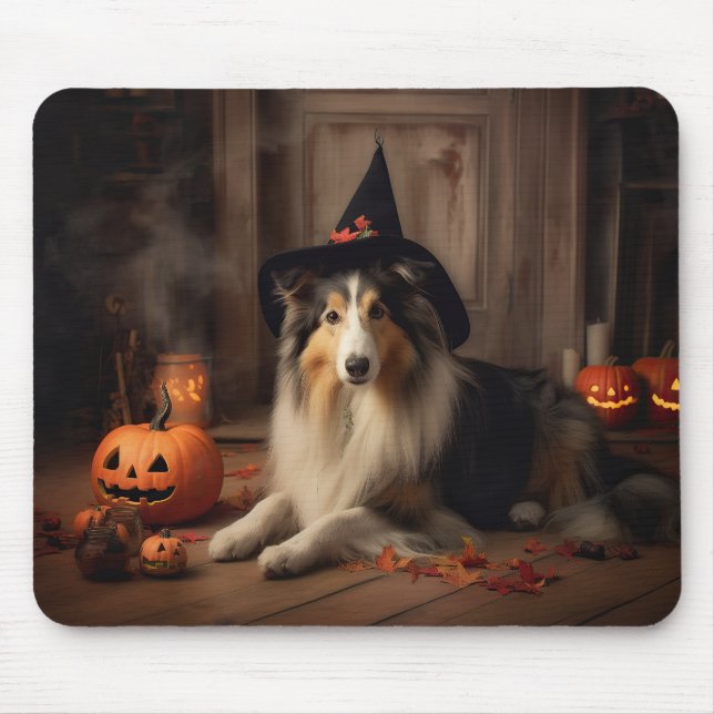 Mousepad Shetland Sheepdog Pumpkins Halloween Assustado (Frente)