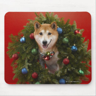 Mousepad Shiba Inu cão sentado na coroa de Natal