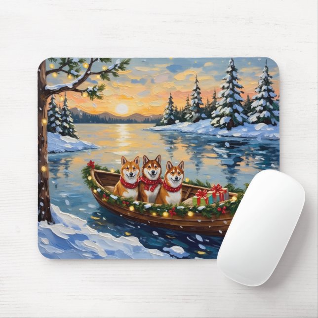 Mousepad Shiba Inu Christmas Boat Holiday (Com mouse)