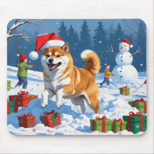 Mousepad Shiba Inu Correndo na Neve com Chapéu de Natal