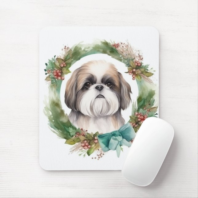 Mousepad Shih Tzu Christmas Wreath Festivo Pup (Com mouse)