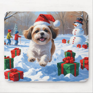 Mousepad Shih Tzu Correndo na Neve com Chapéu de Natal
