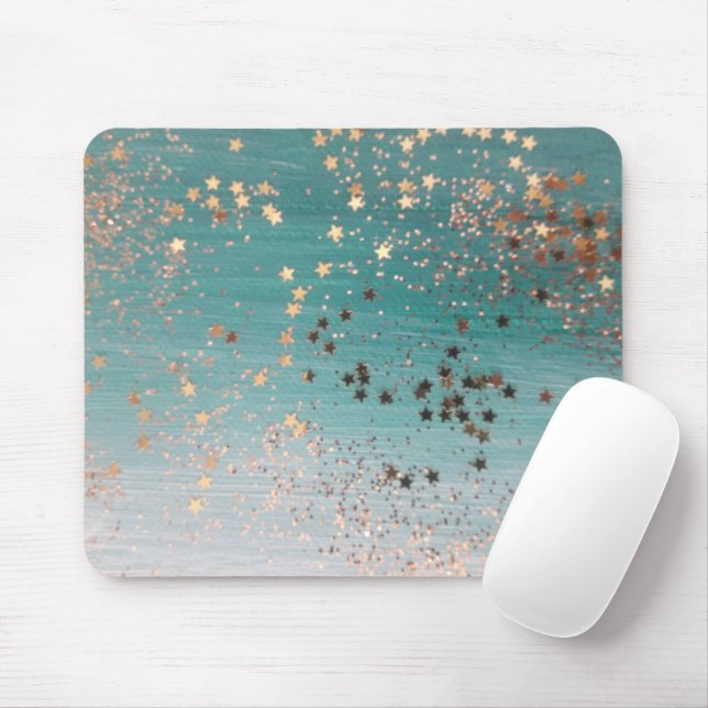 Mousepad Shimmery Dourado Stars on Teal (Com mouse)