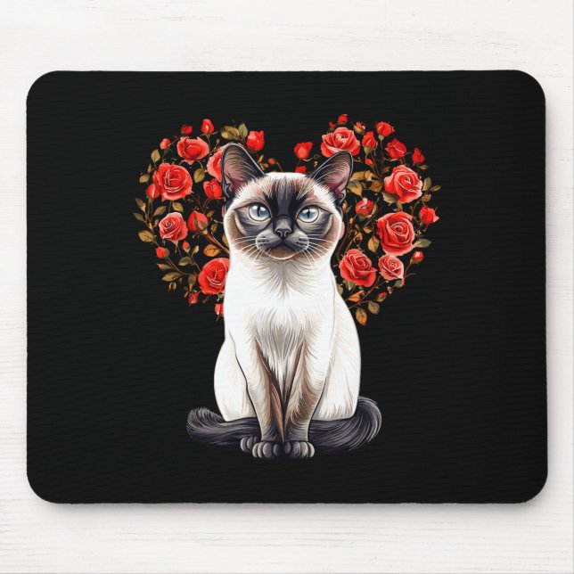 Mousepad Siamese Cat Lover Floral Heart Valentines Day  (Frente)