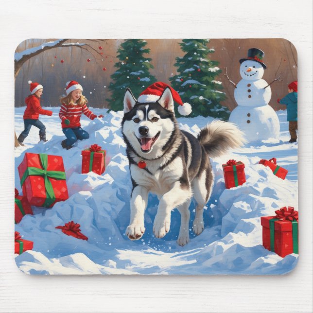 Mousepad Siberian Husky Correndo em Neve com Chapéu de Nata (Frente)