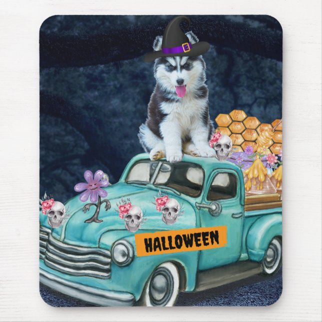 Mousepad Siberian Husky Dog Halloween Truck Noite Assustado (Frente)