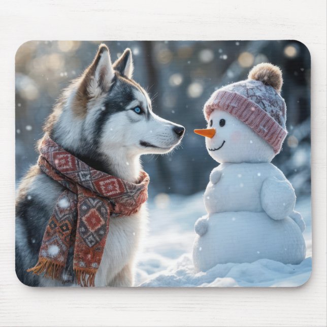 Mousepad Siberian Husky Olhando para um Neve (Frente)
