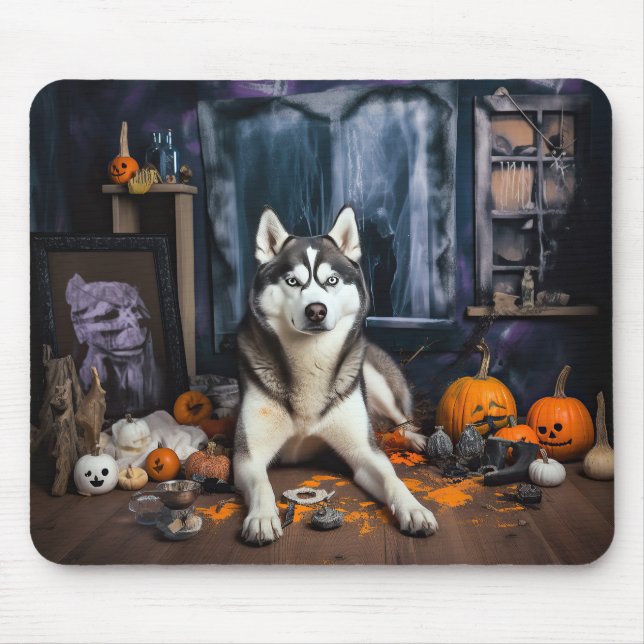 Mousepad Siberian Husky Pumpkins Halloween Scary (Frente)