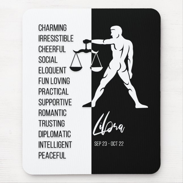 Mousepad Signo Zodíaco Libra, Preto e Branco (Frente)
