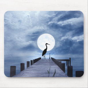 Mousepad Silhouette Heron no Pier Full Moon Beach