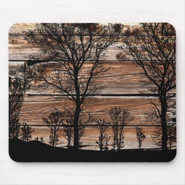 Mousepad Silhueta De Árvore De Madeira No Conselho De Barn (Frente)