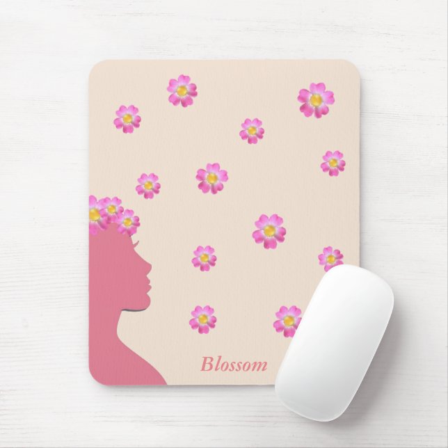 Mousepad Silhueta de mulher, flores rosa e texto em bege (Com mouse)