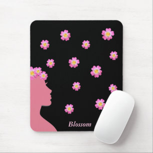 Mousepad Silhueta feminina, flores rosa e texto em preto