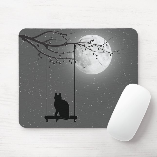 Mousepad Silhueta Gato Em Um Balanço À Lua (Com mouse)