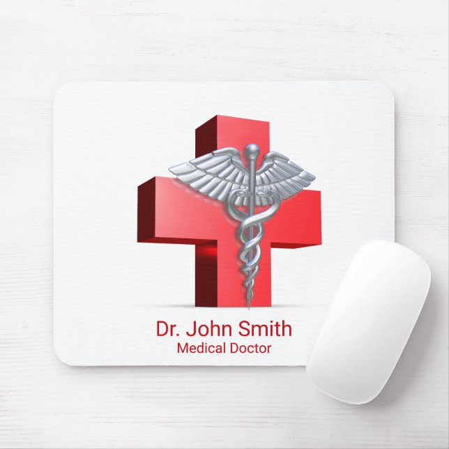 Mousepad Silver 3D Caduceus Cross Red Medical (Com mouse)
