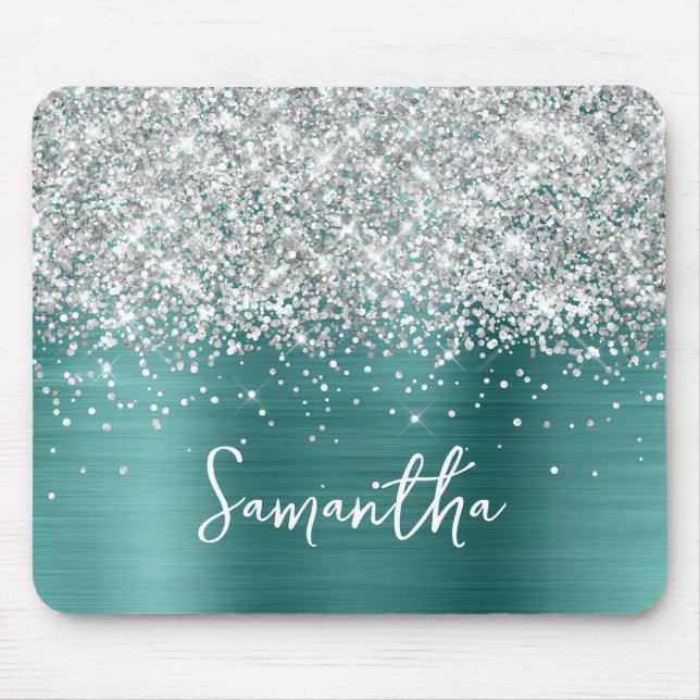 Mousepad Silver Glitter Aqua Teal Glam Name (Frente)
