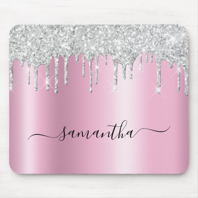 Mousepad Silver Glitter Drips Pink Shimmer (Frente)