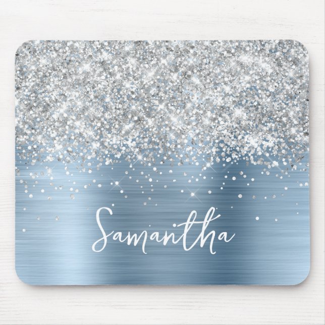 Mousepad Silver Glitter Light Blue Glam Name (Frente)