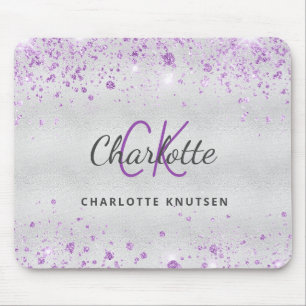 Mousepad Silver glitter monogram purple name metallic