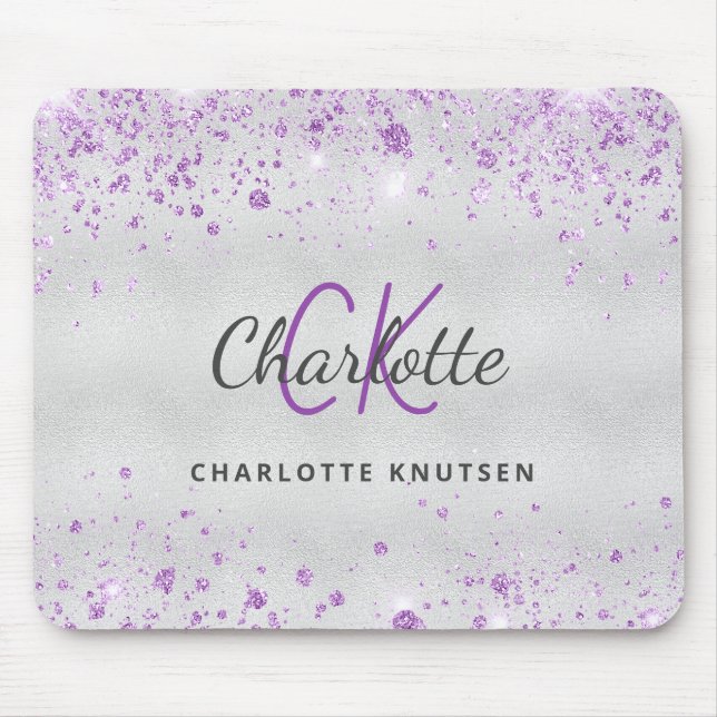 Mousepad Silver glitter monogram purple name metallic (Frente)