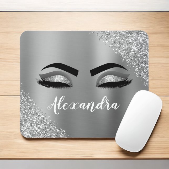 Mousepad Silver Glitter Sparkle Eyelashes Monograma (Criador carregado)