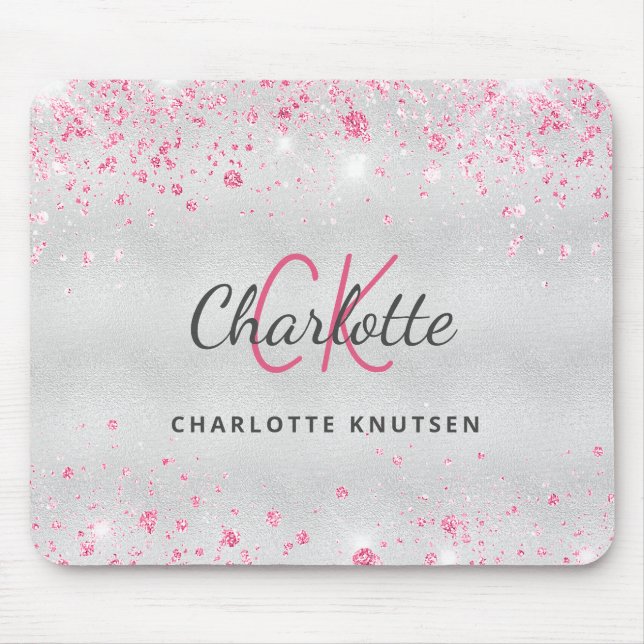 Mousepad Silver pink glitter monogram name metallic (Frente)