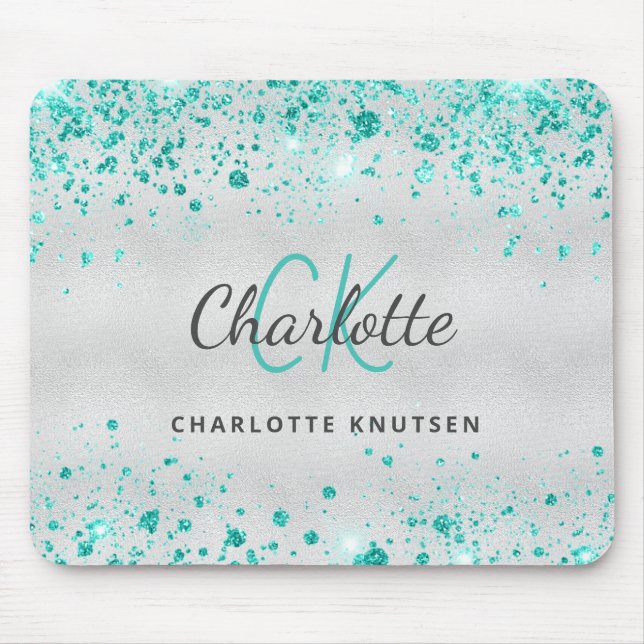 Mousepad Silver teal glitter sea green monogram metallic (Frente)