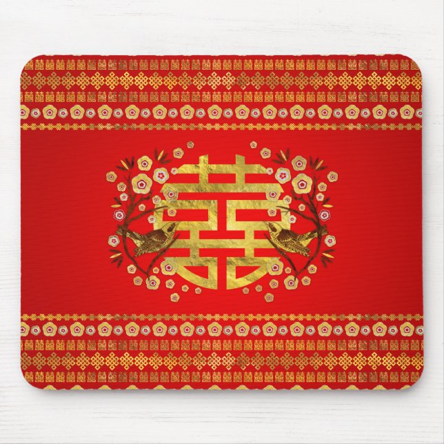 Mousepad Símbolo Dourado de dupla felicidade com flores e p (Frente)