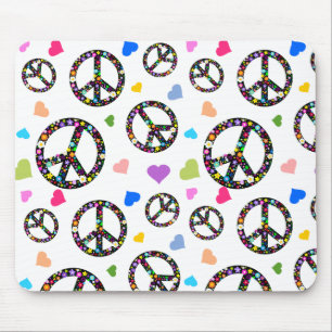 Mousepad Símbolo, flores e corações de paz colorido