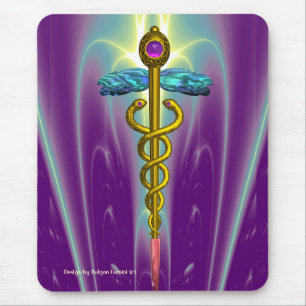Mousepad Símbolo médico CADUCEUS do ouro, púrpura vibran