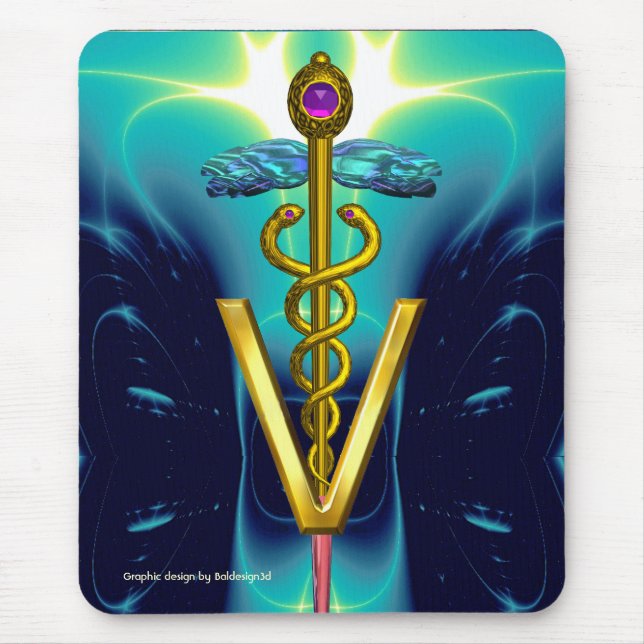 Mousepad SÍMBOLO VETERINÁRIO CADUEUS ouro / Teal Azul Aqua (Frente)