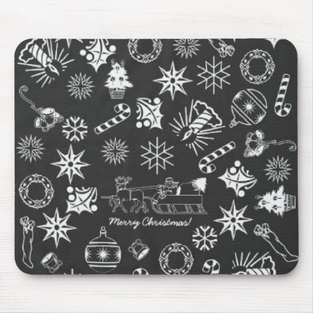 Mousepad Símbolos de Papais noeis de Natal Feliz, Preto e B (Frente)