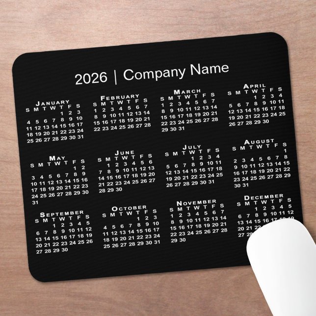 Mousepad Simple 2026 Calendar Company Name on Black (Simple 2026 Calendar Company Name on Black Mouse Pad, in situ)