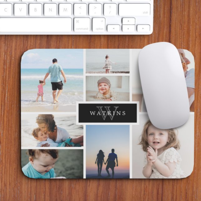 Mousepad Simple Family Photo Collage & Black Monogram (Criador carregado)