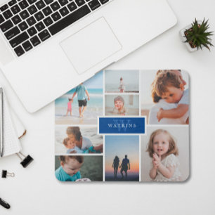 Mousepad Simple Family Photo Collage & Blue Monogram
