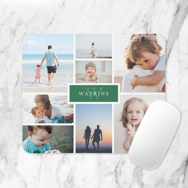 Mousepad Simple Family Photo Collage & Green Monogram (Criador carregado)